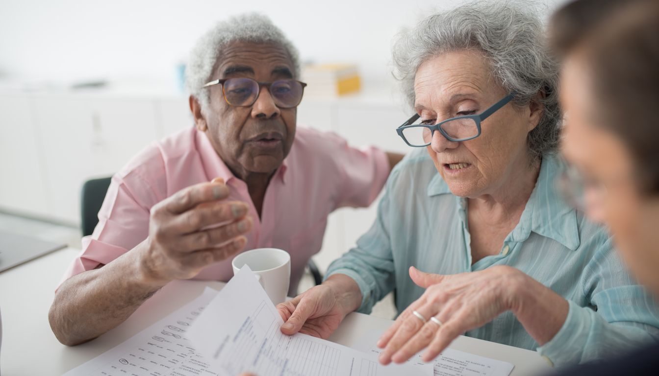 An older man and woman going over paperwork together at a table
