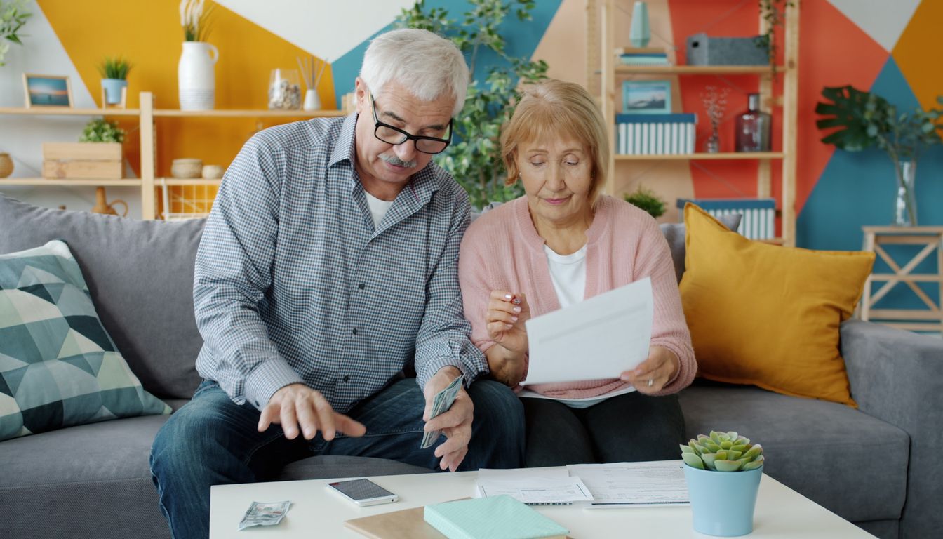 An older couple reviewing household costs together on the sofa