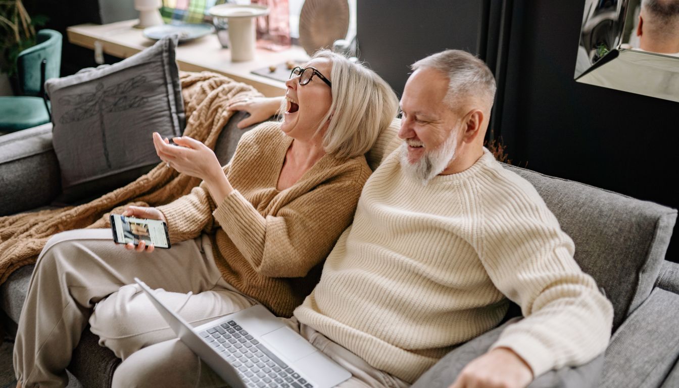 A smiling older couple relaxing on the sofa with a laptop and phone