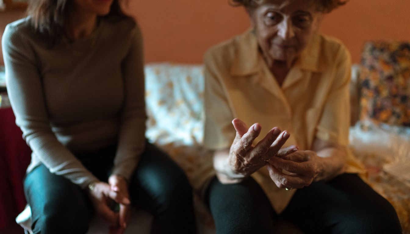 A caregiver sitting with an older woman in her living room